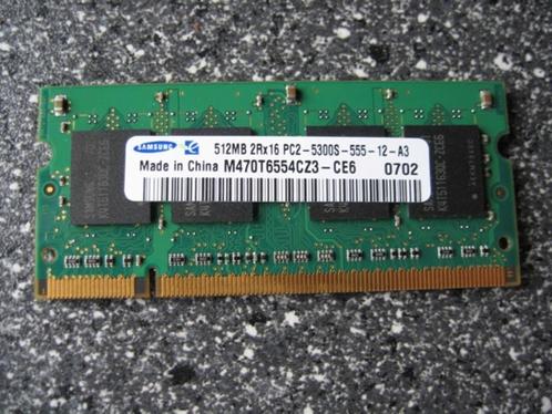Samsung 512MB 667MHz DDR2 PC-5300 SODIMM, Computers en Software, RAM geheugen, Zo goed als nieuw, Laptop, 1 GB of minder, DDR2