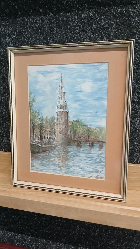 Aquarel Amsterdam Montelbaanstoren Ingelijst, Antiek en Kunst, Kunst | Schilderijen | Klassiek, Ophalen of Verzenden