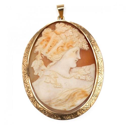 Zeer grote schelp camee hanger in 14 karaat gouden montuur., Sieraden, Tassen en Uiterlijk, Antieke sieraden, Hanger, Goud, Ophalen of Verzenden