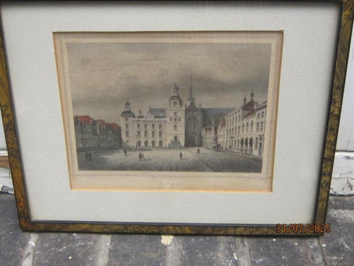 Gekl Staalgravure Grote Markt/Kerk Stadhuis, Mooi lijstje, Antiek en Kunst, Kunst | Etsen en Gravures, Ophalen