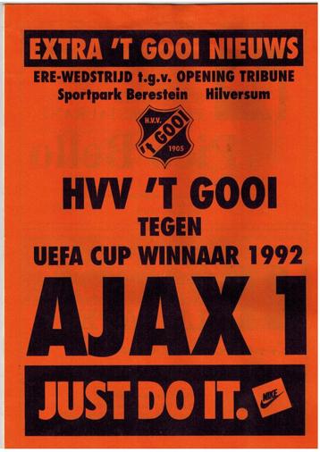 Wedstrijdprogramma 't Gooi - Ajax 25 augustus 1992 beschikbaar voor biedingen