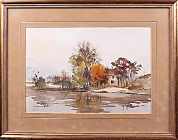 Zeer mooie Aquarel "Vijver landschap"  van Yves de Mare  beschikbaar voor biedingen