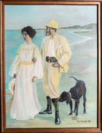 Schilderij olieverf op doek ingelijst Strand koppel met hond, Ophalen of Verzenden