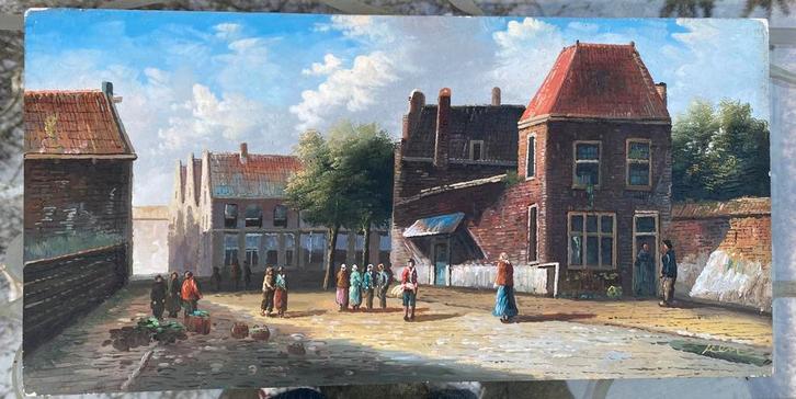 Realistisch geschilderd straattafereel, Antiek en Kunst, Kunst | Schilderijen | Klassiek, Ophalen of Verzenden