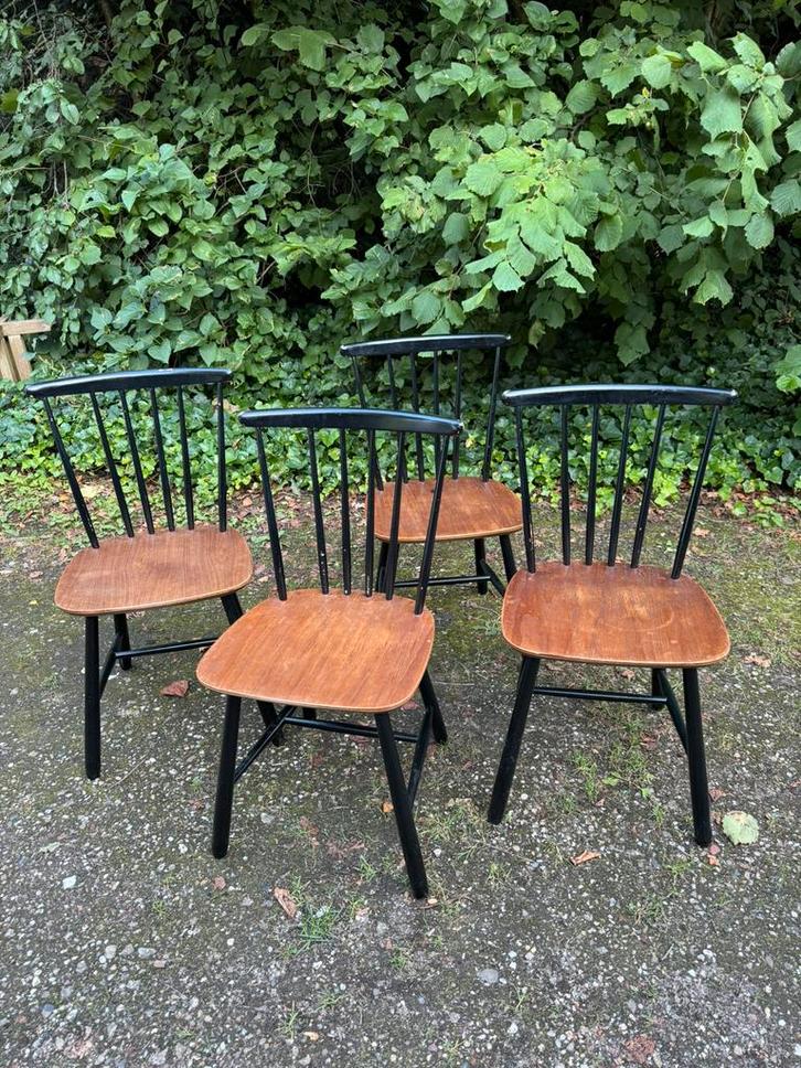 4 eetkamerstoelen (vintage/scandinavisch/ tapiovaare), Huis en Inrichting, Stoelen, Gebruikt, Vier, Hout, Overige kleuren, Ophalen