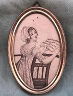 Zwarte inkt tekening miniatuur meisje 19e eeuw, Antiek en Kunst, Kunst | Schilderijen | Klassiek, Ophalen of Verzenden