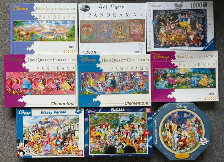 9 Disney legpuzzels - 3 nieuw in seal - 1000st - 3x panorama, Hobby en Vrije tijd, Denksport en Puzzels, Nieuw, Legpuzzel, 500 t/m 1500 stukjes