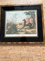 Oude prent: Jachttafereel met paarden en honden, Antiek en Kunst, Ophalen