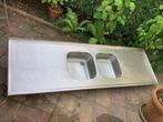 RVS dubbele Spoelbak, wasbak met aanrecht 201 x 60 cm., Ophalen, Gebruikt