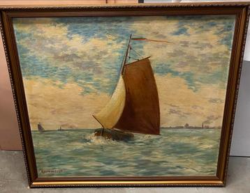 Zeilboot op water - olie op doek in houten lijst - 130 x 120 beschikbaar voor biedingen