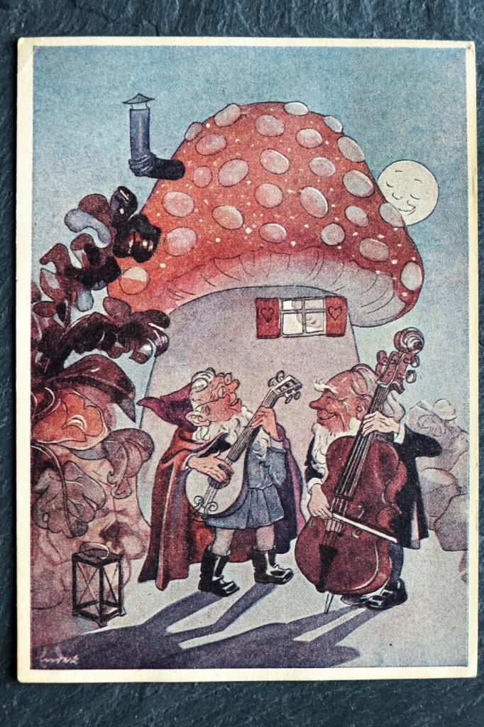 Kabouters spelen blij op luit en cello, naast de paddenstoel, Verzenden, 1940 tot 1960, Ongelopen, Muziek
