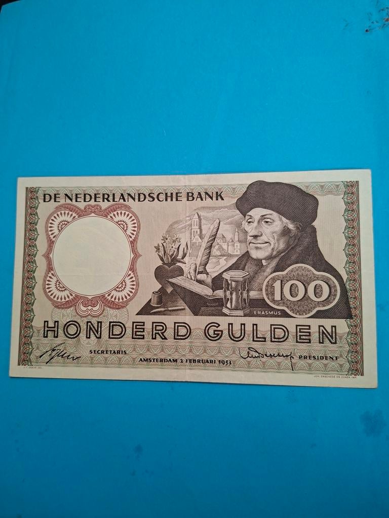 100 gulden Erasmus Speciale uitgifte invulserie 1953 in PR-, Ophalen of Verzenden, 100 gulden, Los biljet