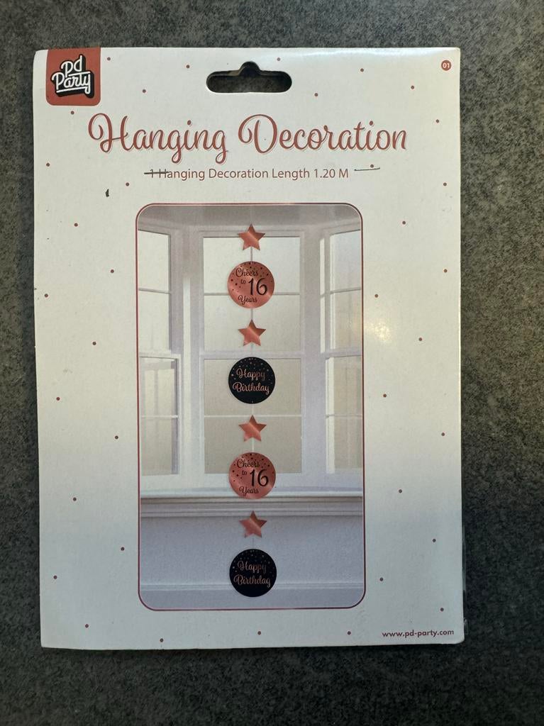 Hangdecoratie 16 Jaar Roze Zwart, Hobby en Vrije tijd, Feestartikelen, Ophalen of Verzenden, Nieuw, Versiering, Verjaardag