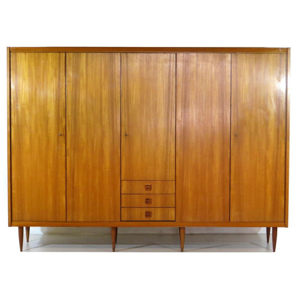 Grote vintage 5-deurs kledingkast in teak uit de jaren 60, Met deur(en), Teakhout, 200 cm of meer, Vintage, mid century, design