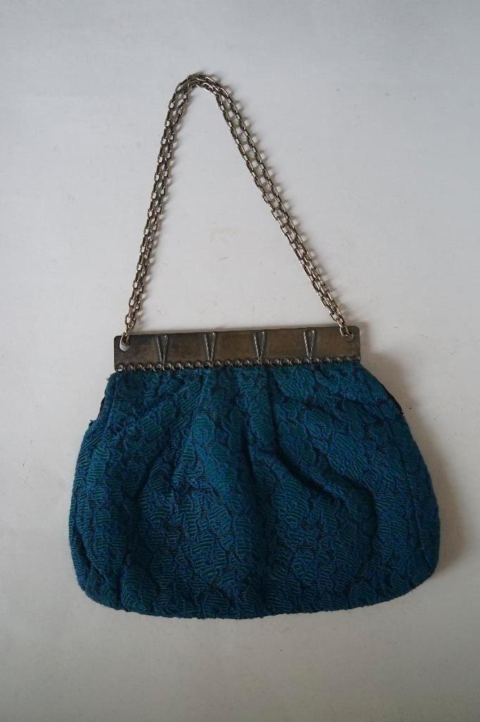 vintage handgemaakte tas blauw stof metaal ketting gevoerd, Sieraden, Tassen en Uiterlijk, Tassen | Damestassen, Zo goed als nieuw