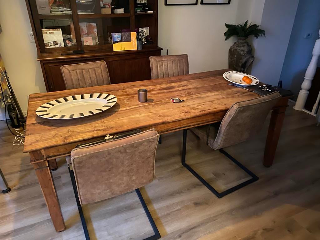Robuuste houten eettafel 220x90 cm, Huis en Inrichting, Tafels | Eettafels, Ophalen, Gebruikt, 200 cm of meer, 50 tot 100 cm
