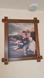 Schilderij met romantisch tafereeltje, eikenhouten lijst, Antiek en Kunst, Ophalen of Verzenden