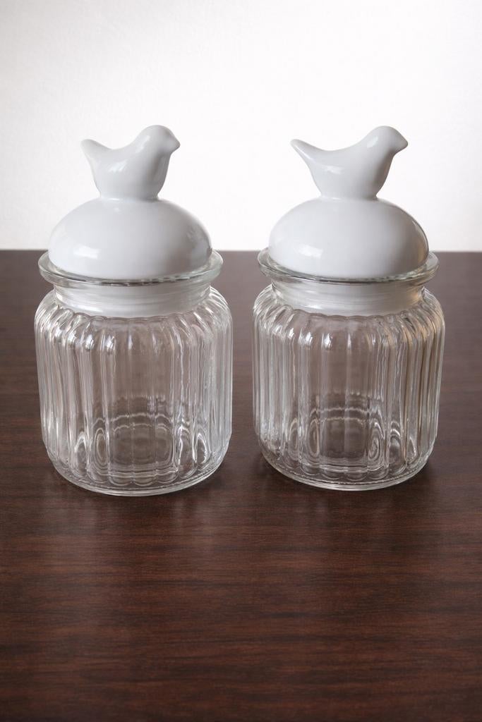 Set van 2 Charmante Glazen Voorraadpotten met Vogel-deksel, Huis en Inrichting, Ophalen of Verzenden, Zo goed als nieuw, Glas