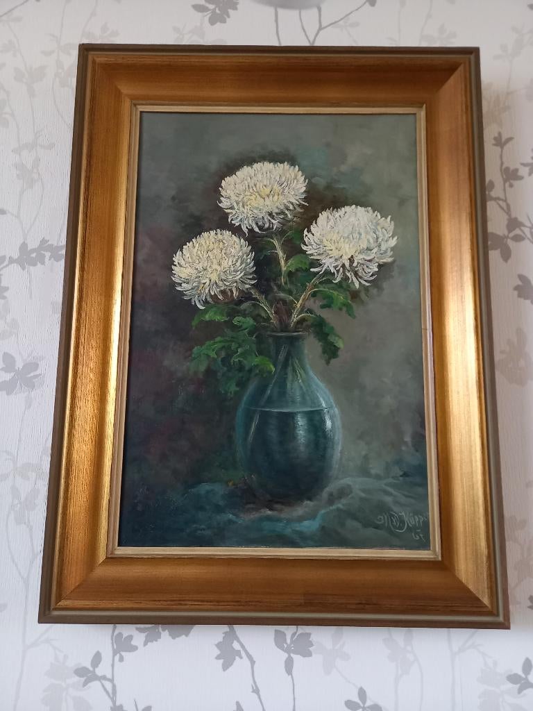 Antiek schilderij met afbeelding van drie chrysanten, Ophalen