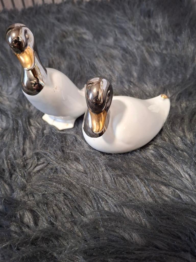 Decoratieve eenden beeldjes - Keramiek wit/zilver, Huis en Inrichting, Woonaccessoires | Overige, Zo goed als nieuw, Steen/keramiek