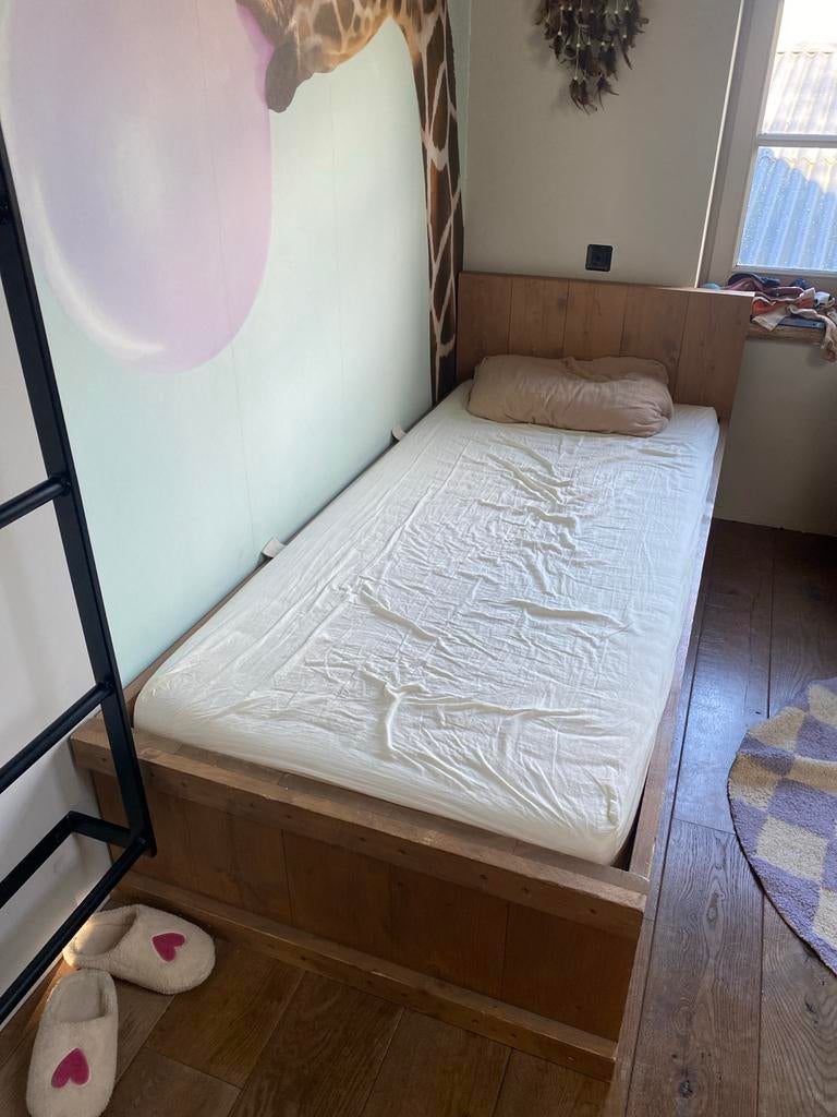 Steigerhouten kinderbed met uitschuifbaar 2e bed, Ophalen, 85 tot 100 cm, Gebruikt, Matras