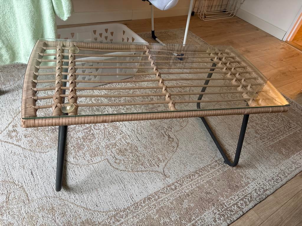Rotan tuintafel met glazen blad, Tuin en Terras, Tuintafels, Ophalen, Gebruikt, Rechthoekig, Wicker