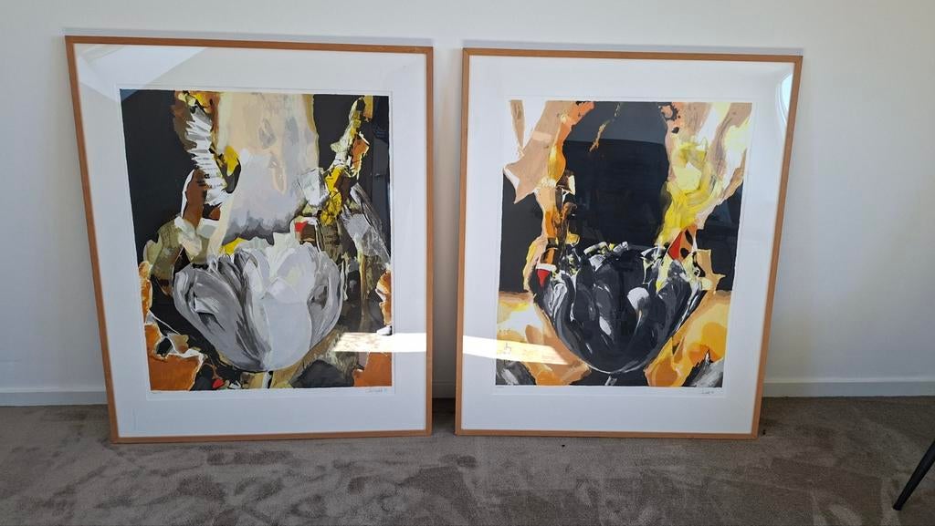 Set van 2 ingelijste zeefdrukken/tulpen Anita Duijf, Antiek en Kunst, Ophalen