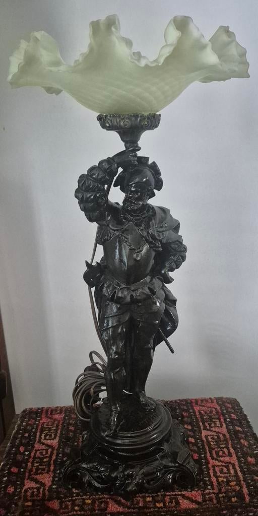 Antieke bronzen tafellamp met uraniumglas kap, Antiek en Kunst, Ophalen of Verzenden