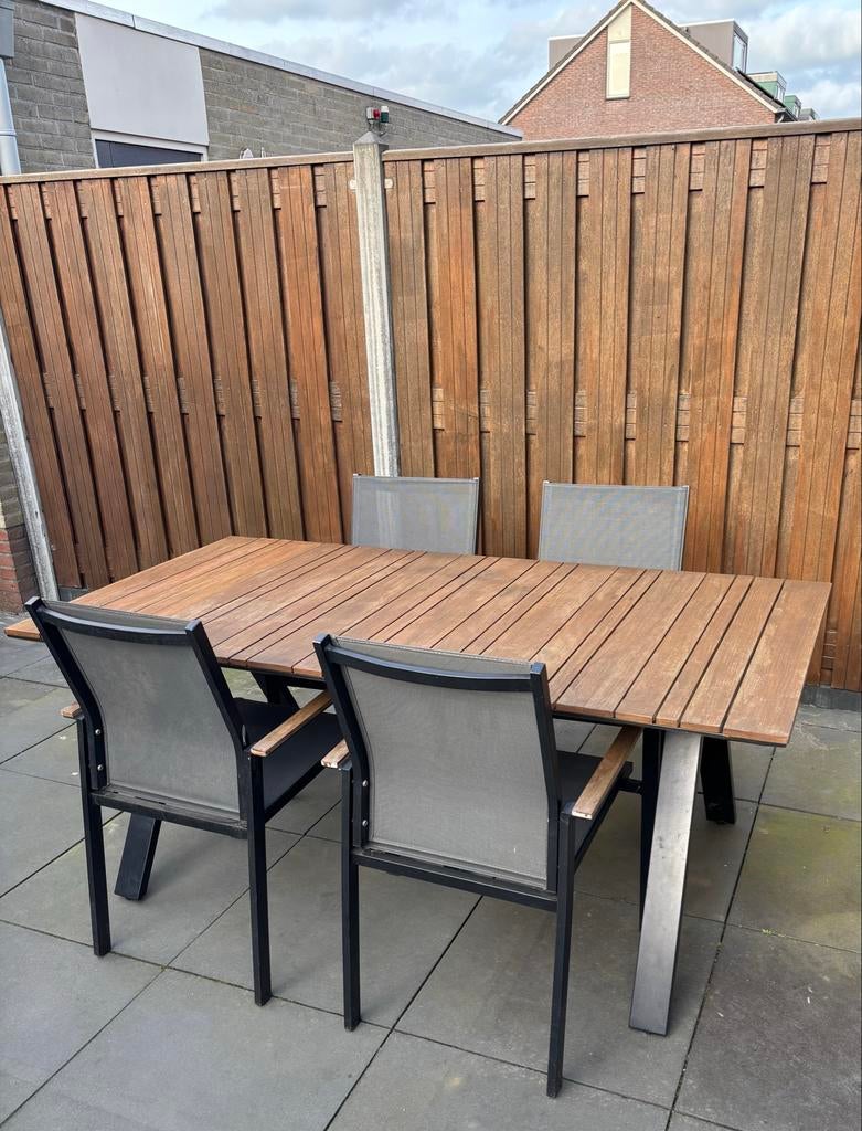 Houten tuintafel met 4 stoelen, Tuin en Terras, Tuinsets en Loungesets, Ophalen, 4 zitplaatsen, Gebruikt, Eettafel