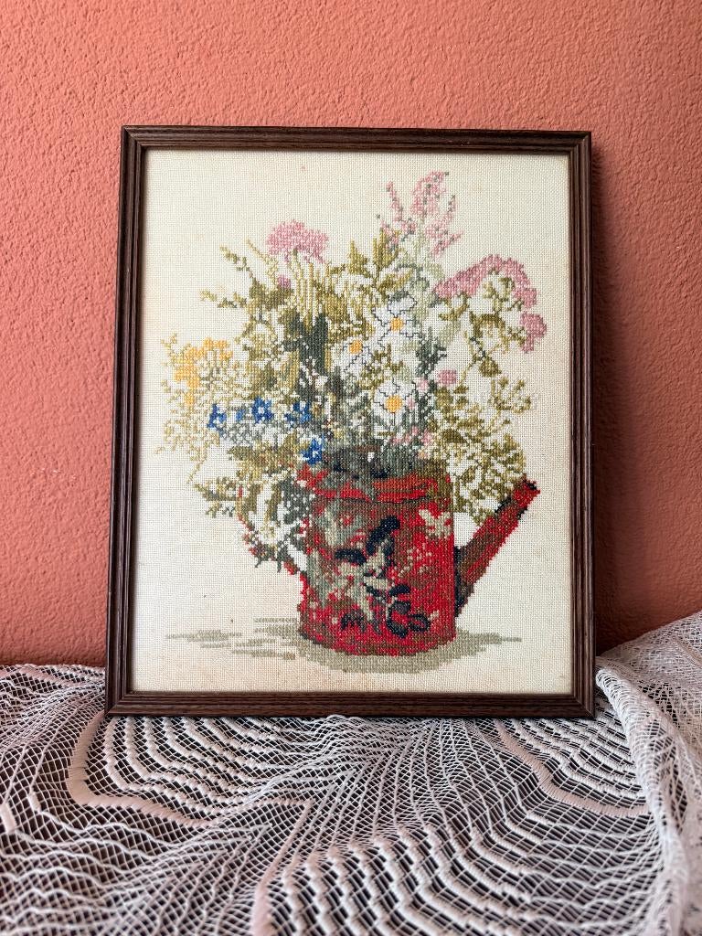 Prachtig Vintage Geborduurd Schilderijtje, Ophalen, Minder dan 50 cm, Gebruikt, Schilderij