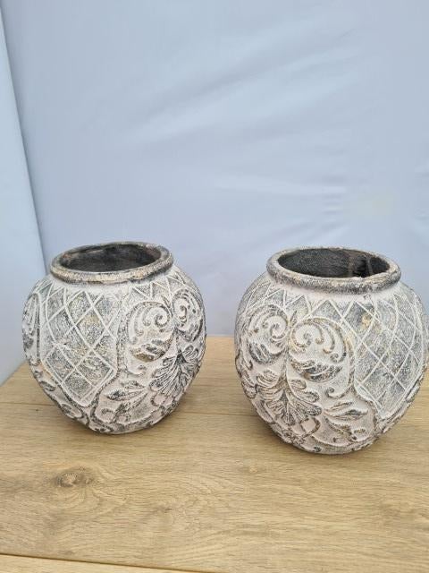 Bloempot(ten) grijs met 3d afbeeldingen, Rond, Ophalen of Verzenden, Aardewerk, Binnen