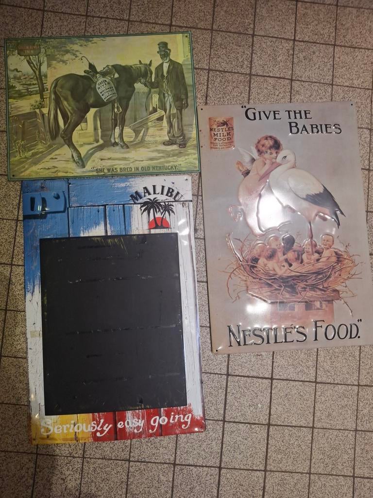 3 metalen reclameborden, Verzamelen, Ophalen, Zo goed als nieuw, Reclamebord