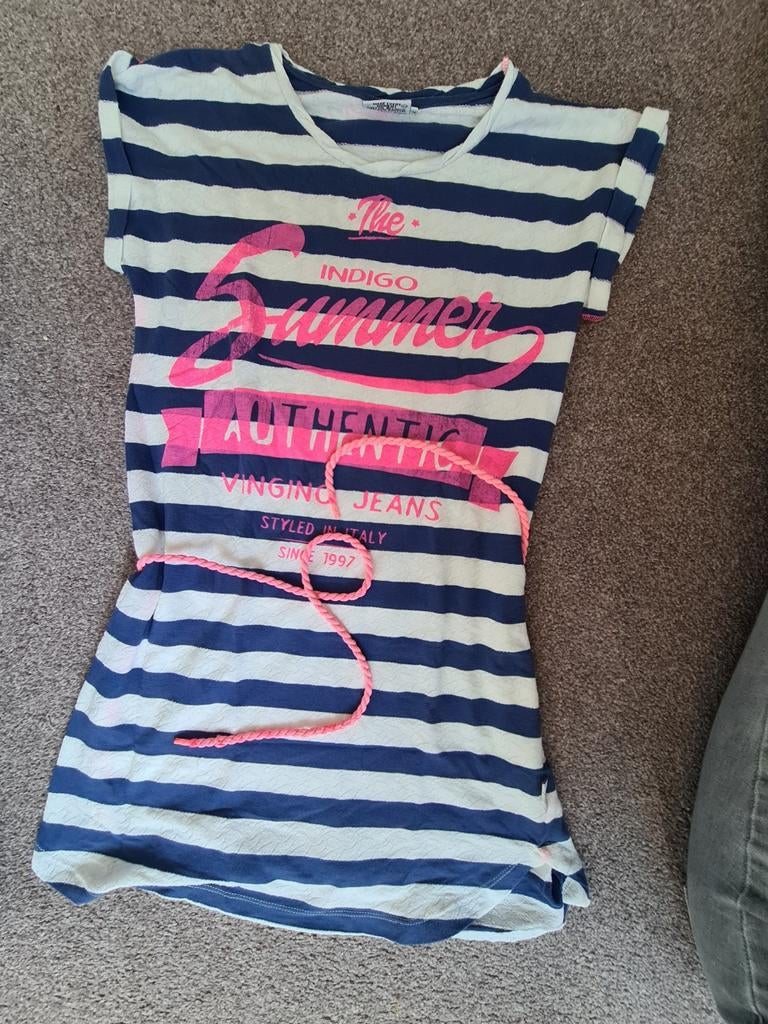 Blauw wit gestreept jurkje Vingino maat 14 / 164, Ophalen of Verzenden, Zo goed als nieuw, Meisje, Jurk of Rok