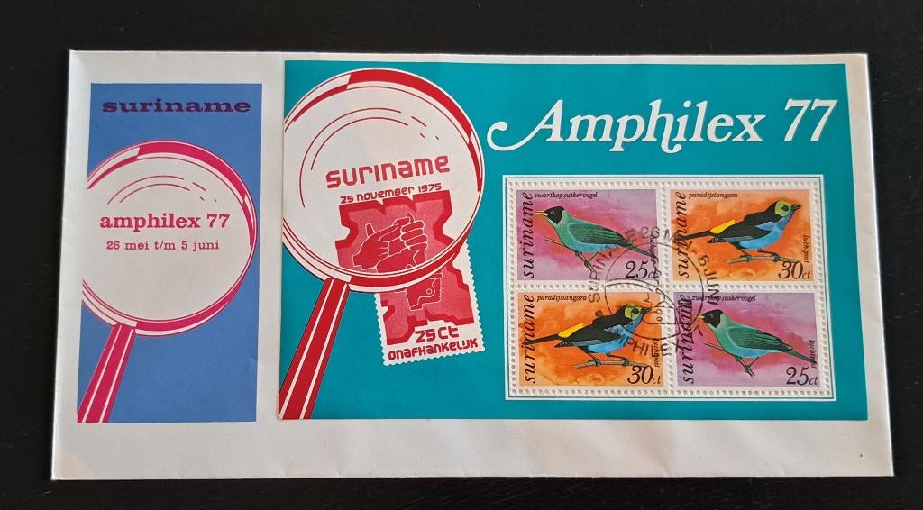 Suriname Amphilex 1977 FDC enveloppe met 25 november 1975, Postzegels en Munten, Postzegels | Eerstedagenveloppen, Ophalen of Verzenden