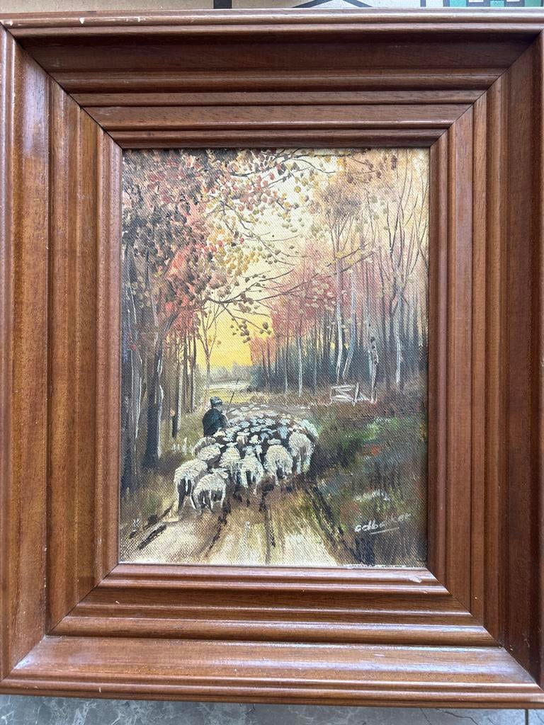 Schilderij Herder met Schapen in Herfstbos, Ophalen of Verzenden