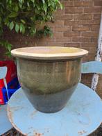 Grote groen geglazuurde bloempot, Tuin en Terras, Ophalen, Rond, Zo goed als nieuw, Minder dan 40 cm