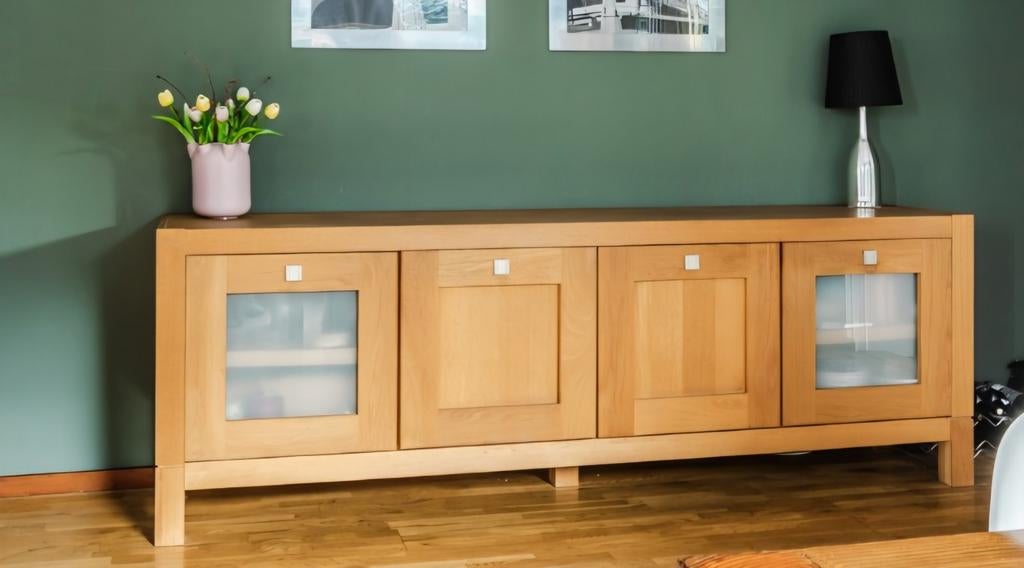 Eiken dressoir en hoge kast, Ophalen, Gebruikt, 25 tot 50 cm, Glas