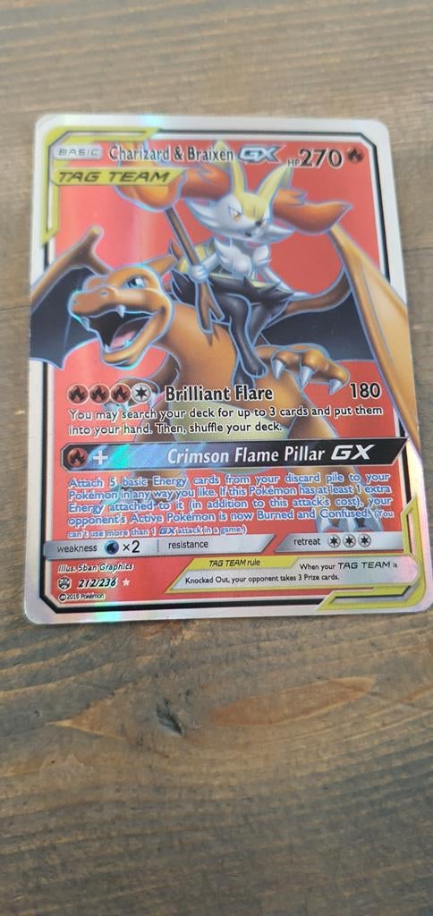 Charizard & Braixen GX TAG TEAM Pokémon Kaart 212/236, Ophalen of Verzenden, Zo goed als nieuw, Losse kaart