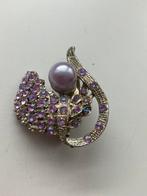 Broche met paarse strasstenen en faux pareltje, Overige materialen, Gebruikt, Paars, Minder dan 4 cm