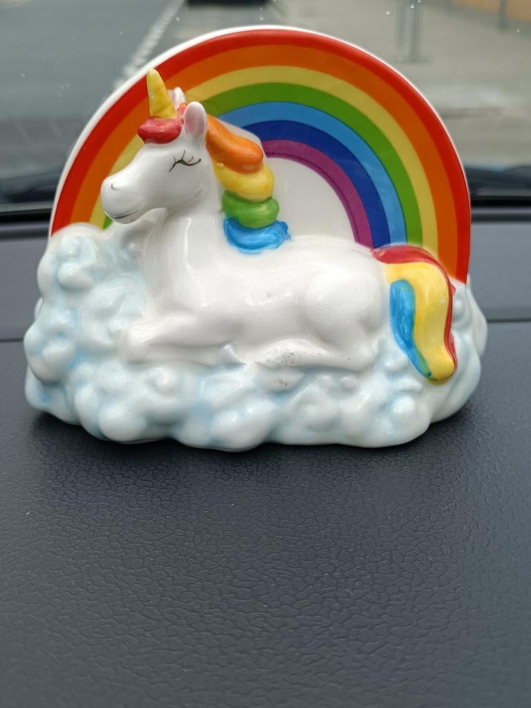 Unicorn Spaarpot op Wolk met Regenboog, Ophalen of Verzenden, Gebruikt, Steen, Aardewerk of Keramiek, Dier