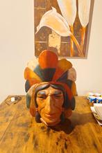 Houten Indianenhoofd met Veren Hoofdtooi - Handgesneden, Ophalen