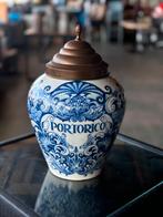 VINTAGE DELFT BLAUWE TABAKSPOT PORTORICO MET MESSING DEKSEL, Antiek en Kunst, Ophalen