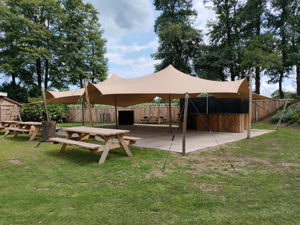 Stretchtent 6x10m te huur incl. vloer en inrichting, Ophalen of Verzenden, 8 meter of meer, 6 meter of meer