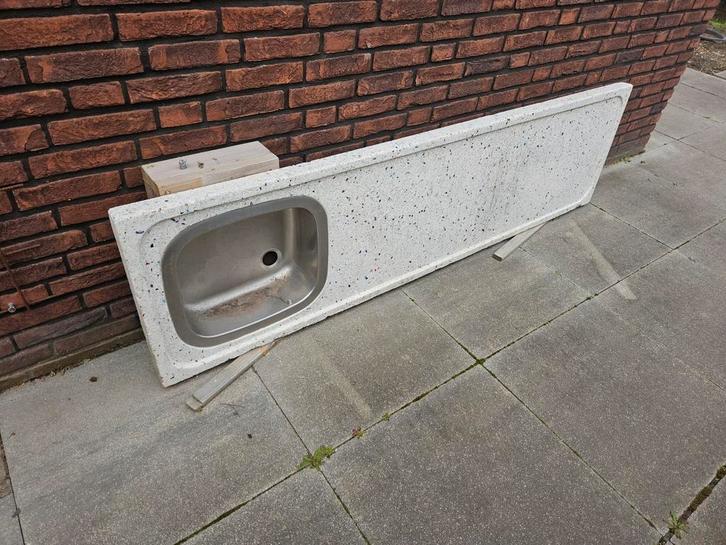 Terrazzo aanrechtblad met spoelbak, Huis en Inrichting, Keuken | Keukenelementen, Gebruikt, Minder dan 100 cm, 150 tot 200 cm