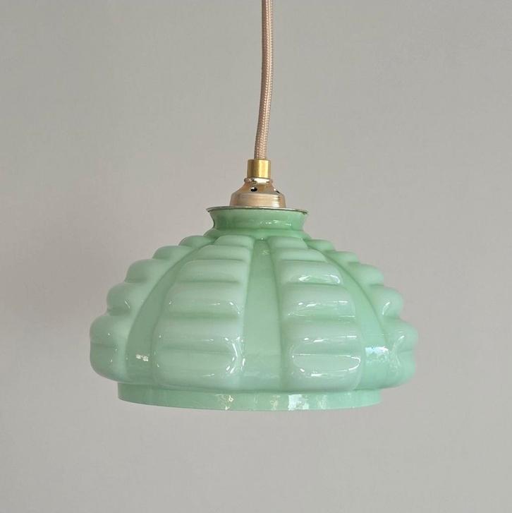 Vintage Franse Glazen Hanglamp – Mintgroen | E27 |, Huis en Inrichting, Lampen | Hanglampen, Zo goed als nieuw, Minder dan 50 cm