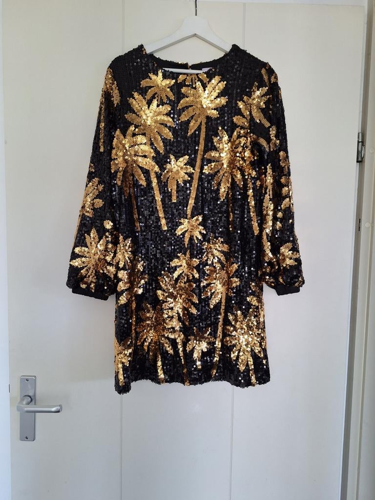 Lily Rose pailletten jurk met palmboom print - Maat L, Zwart, Maat 42/44 (L), Lily Rose, Ophalen of Verzenden