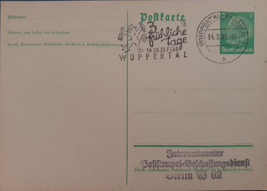 Deutsches Reich Briefkaart 1939 Wuppertal karneval, Postzegels en Munten, Ophalen of Verzenden, Briefkaart