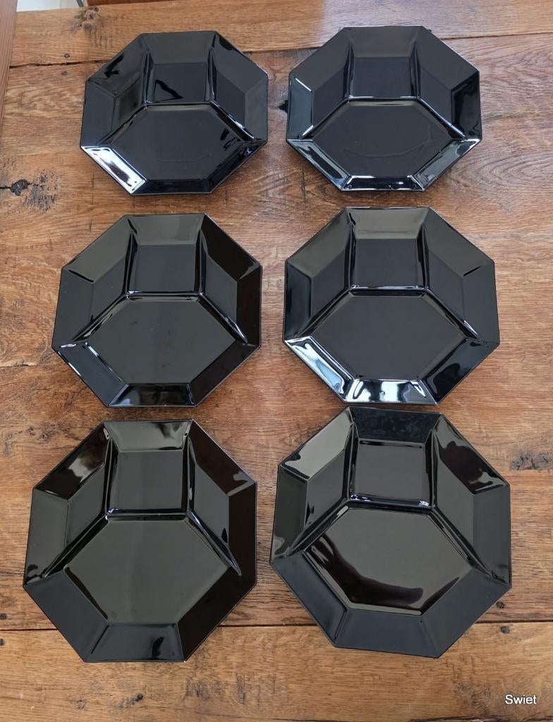 2358 6x fondueborden zwart  8 hoekig 25x25x2.5 retro stijl, Ophalen of Verzenden, Zo goed als nieuw