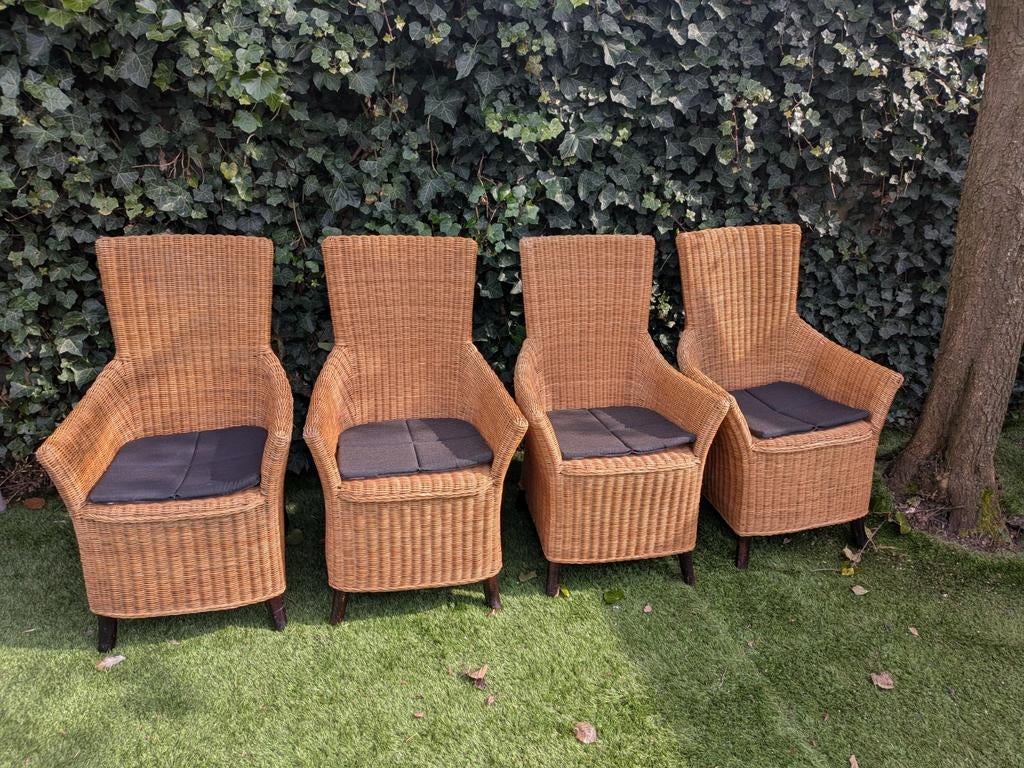 4 rieten eetkamerstoelen fauteuils of tuinstoelen met kussen, Tuin en Terras, Tuinstoelen, Ophalen, Gebruikt, Rotan