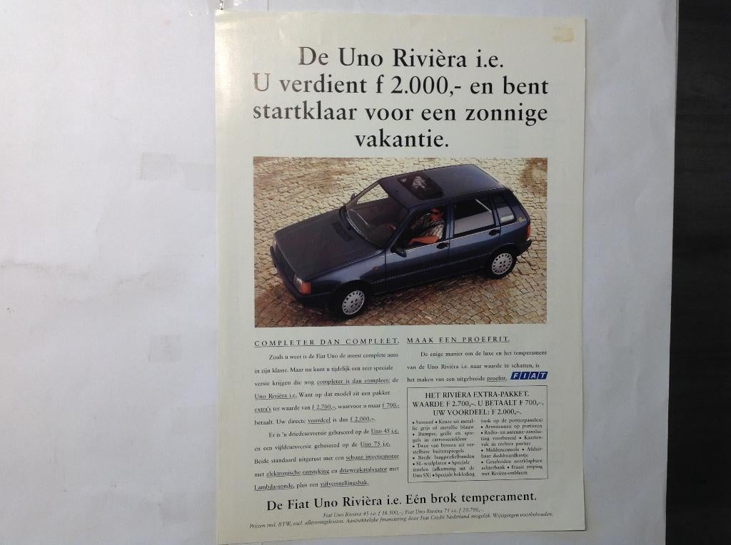Fiat Uno Riviera ie folder NED 2 blz 1989, Ophalen of Verzenden, Nieuw, Overige merken
